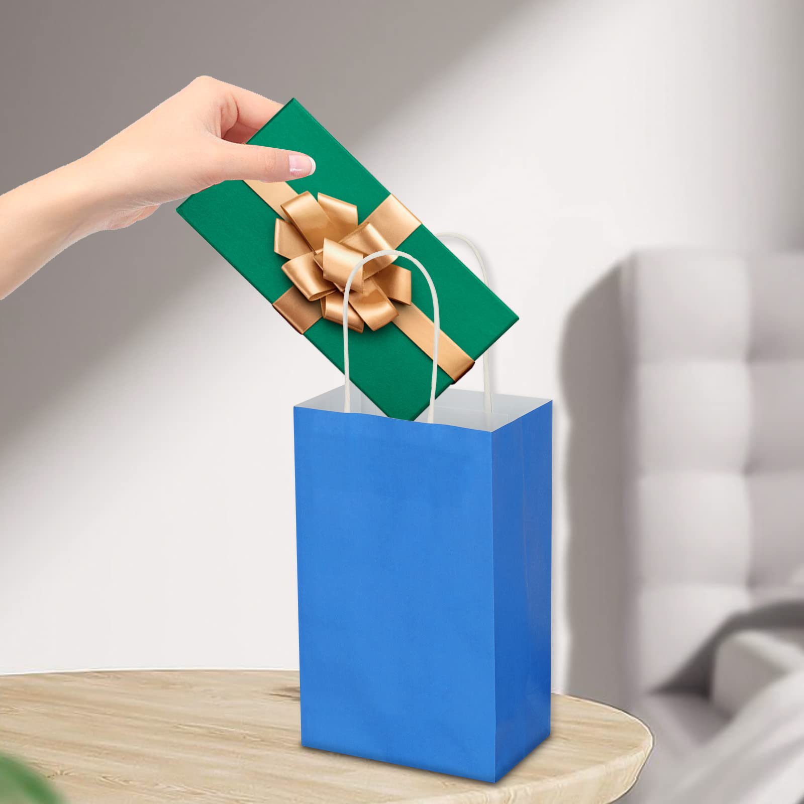 Oikss Lot De 50 Sacs En Papier Kraft De Taille Moyenne Avec Poignées Pour Anniversaire, Mariage, Courses, Magasinage, Plats à Emporter, Loisirs Créatifs, Loisirs Créatifs, 20,3 X 12,9 X 25,4 Cm, Bleu