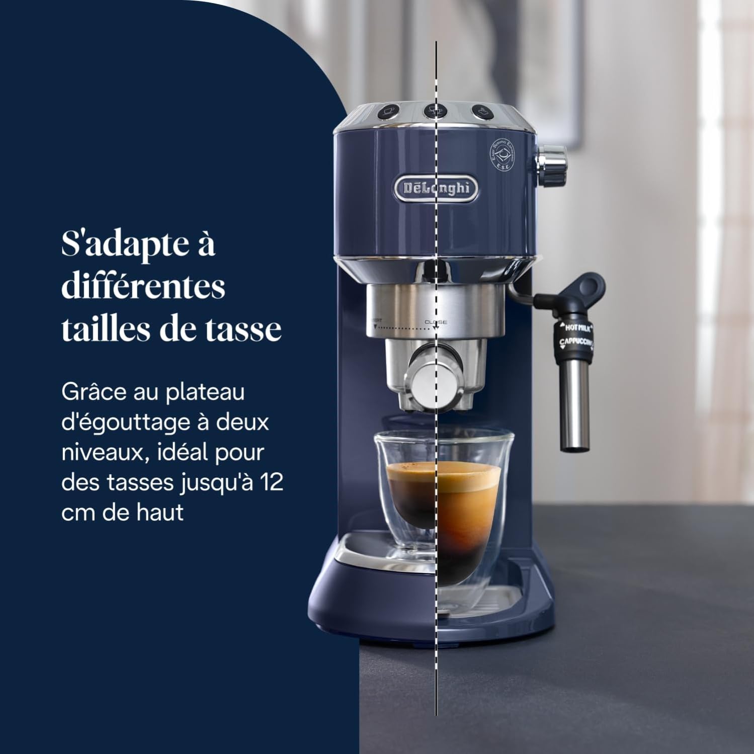 De’Longhi Dedica Style - Perfetto Machine à Expresso Compacte, Mousseur de Lait Manuel pour Expresso et Cappuccino, Compatible Dosettes ESE, Panneau de Commande à Boutons,Largeur 15cm,Bleue(EC685.BL)