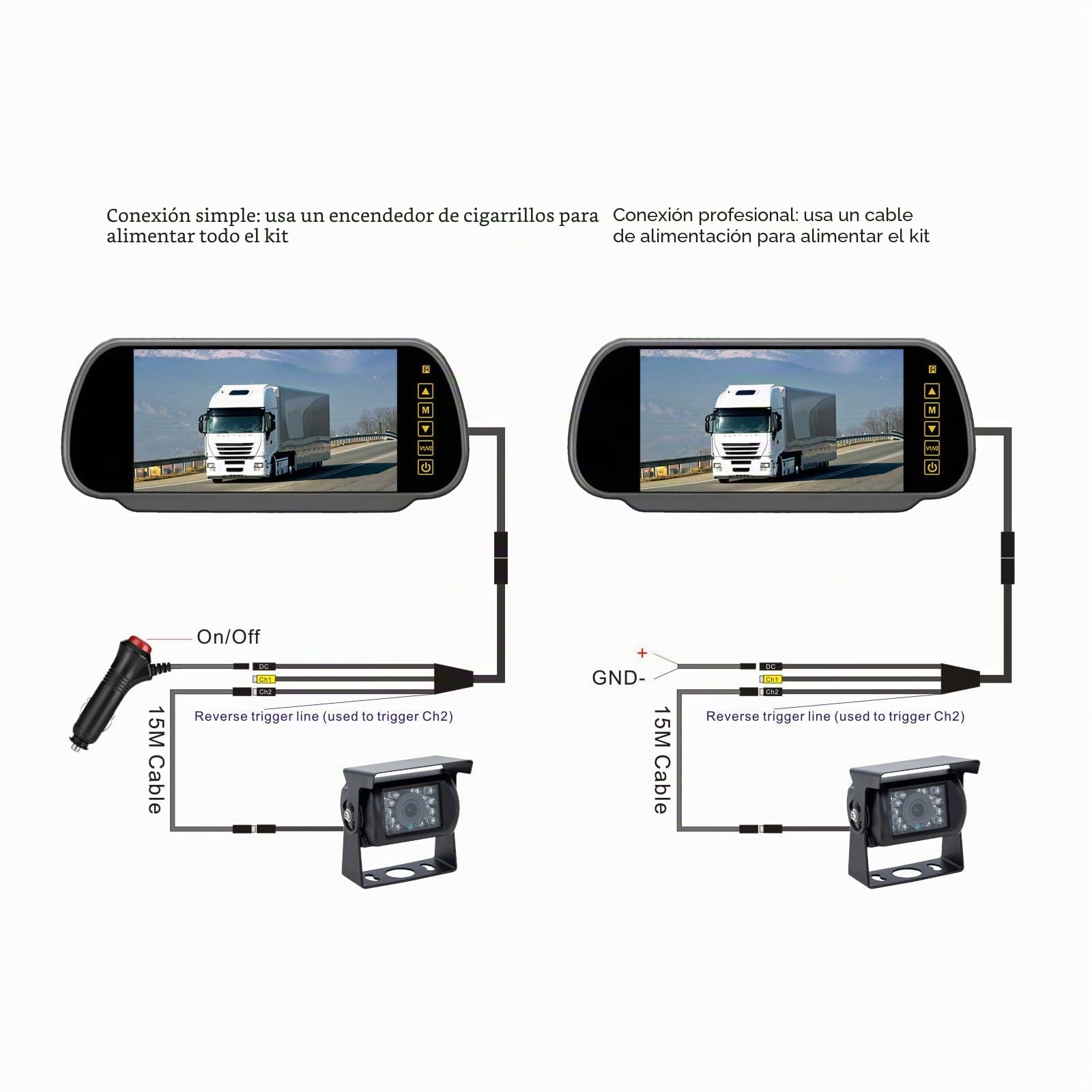 Monitor de espejo retrovisor de 4 pines de 7 pulgadas + 18 LED de visión nocturna, cámara de marcha atrás impermeable con cable de 15 m para camión de 12 V-24 V, caravana, remolque, autocaravana