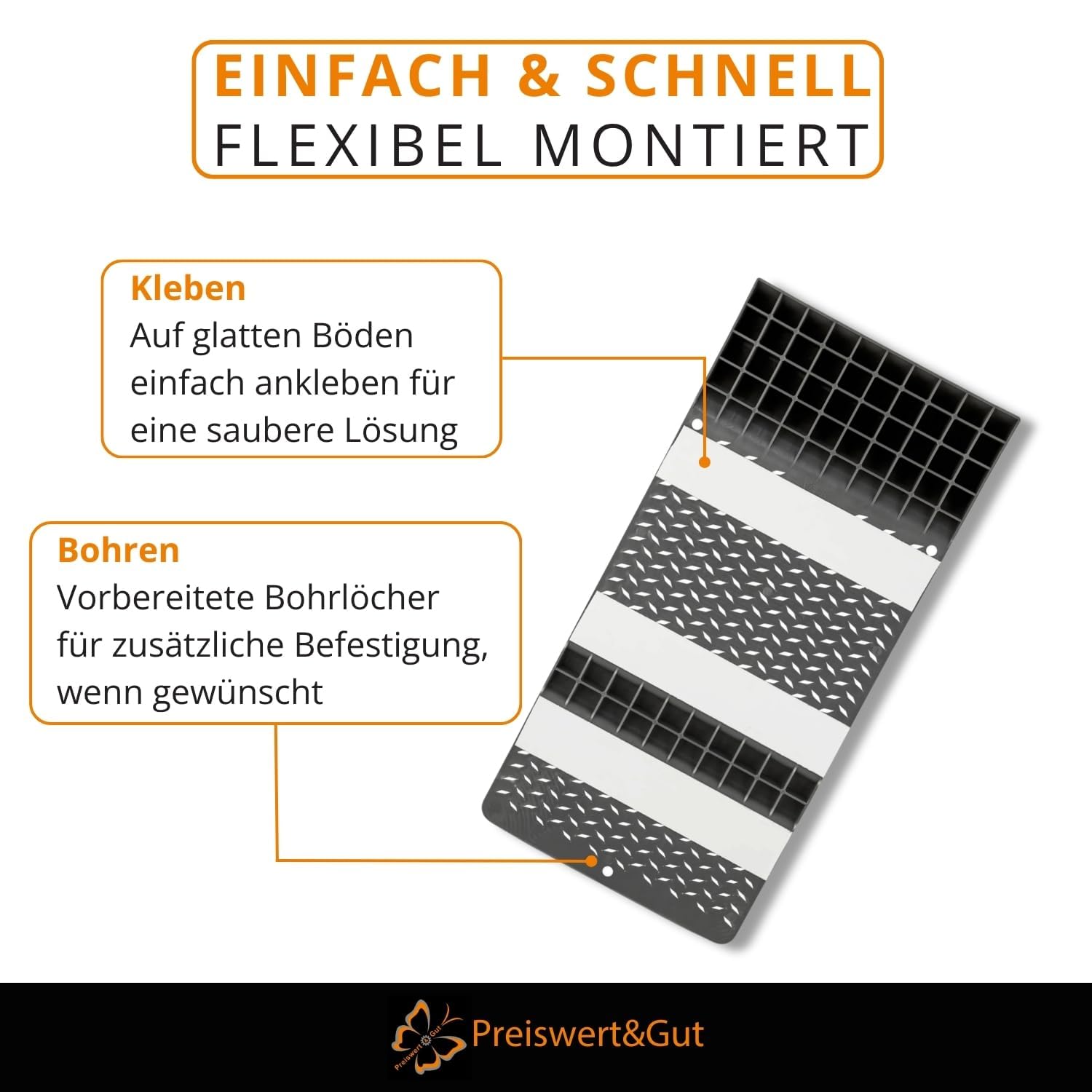Preiswert&Gut 2X Einparkhilfe Garage Radstopper für sicheres Einparken 52 x 25 cm, Kunststoff Bremsschwelle mit Klebestreifen und zusätzlich Bohren, seitliche Einfahrhilfe, 2,5 bis 5,5 cm Höhe