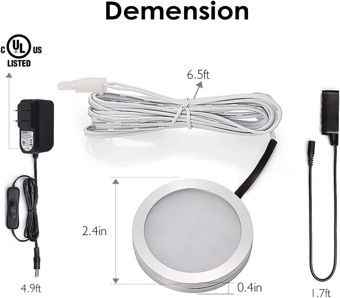 B-right Under Cabinet Lighting, 9 LED Puck Lights Hard Wired Lighting, 12V Plug in UL Adapter 1020lm Under Counter Lights with Enough Brightnes, Stick on Light Soft Warm White 3000K, Pack of 6