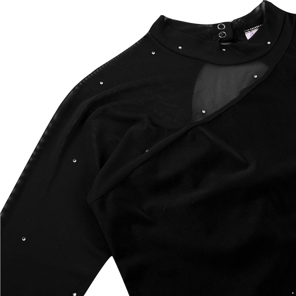 CHICTRY Eiskunstlauf Kleid Damen Training Langarm Rollschuhkleid Strassstein Glänzend Ballettkleid Mesh Patchwork Turnanzug Mit Wickelrock Tanzkostüm