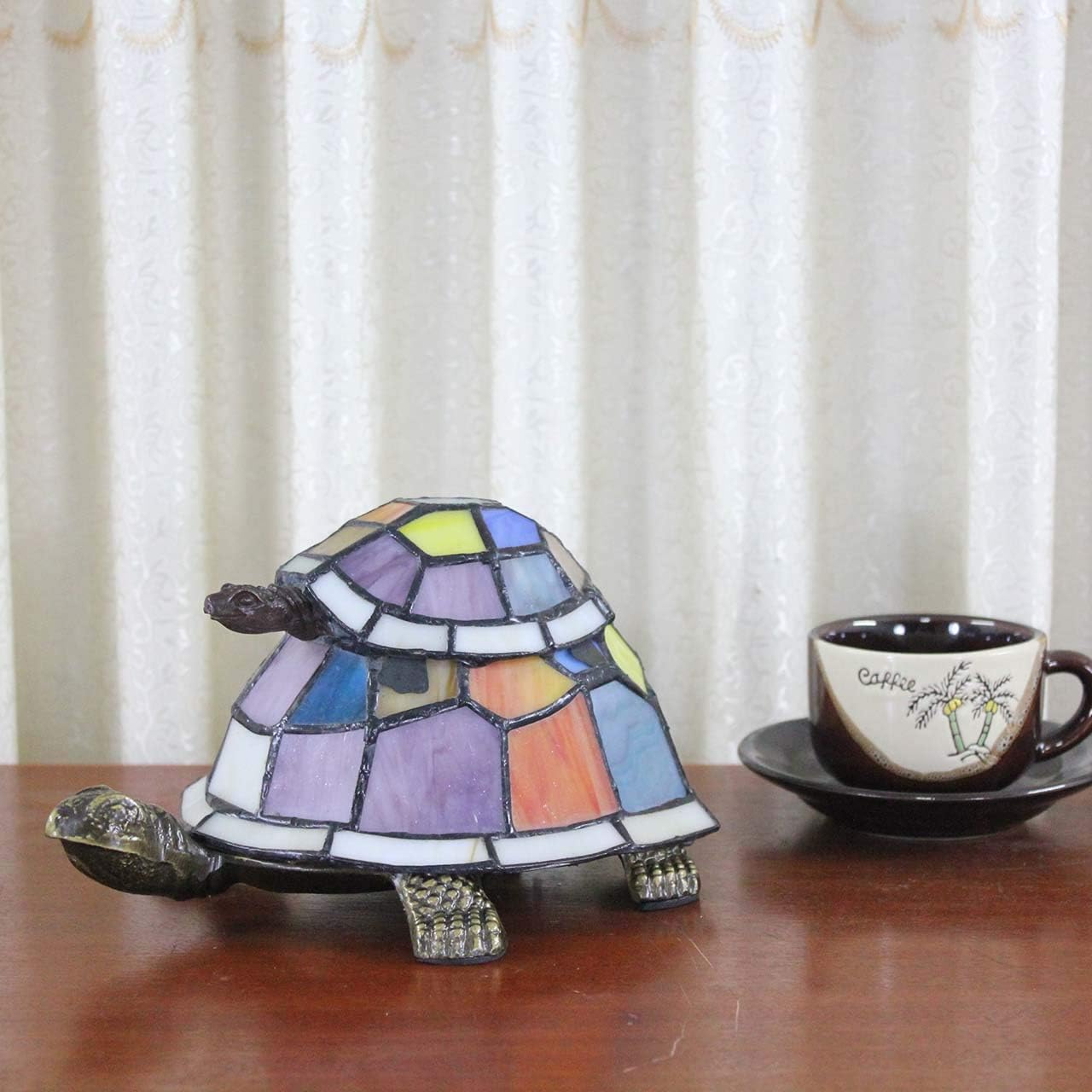 Bieye L10217 Tortoise Tiffany Style Stained Glass Accent Table Lamp for Bedside Living Room Bedroom (Multi-Colored Double)