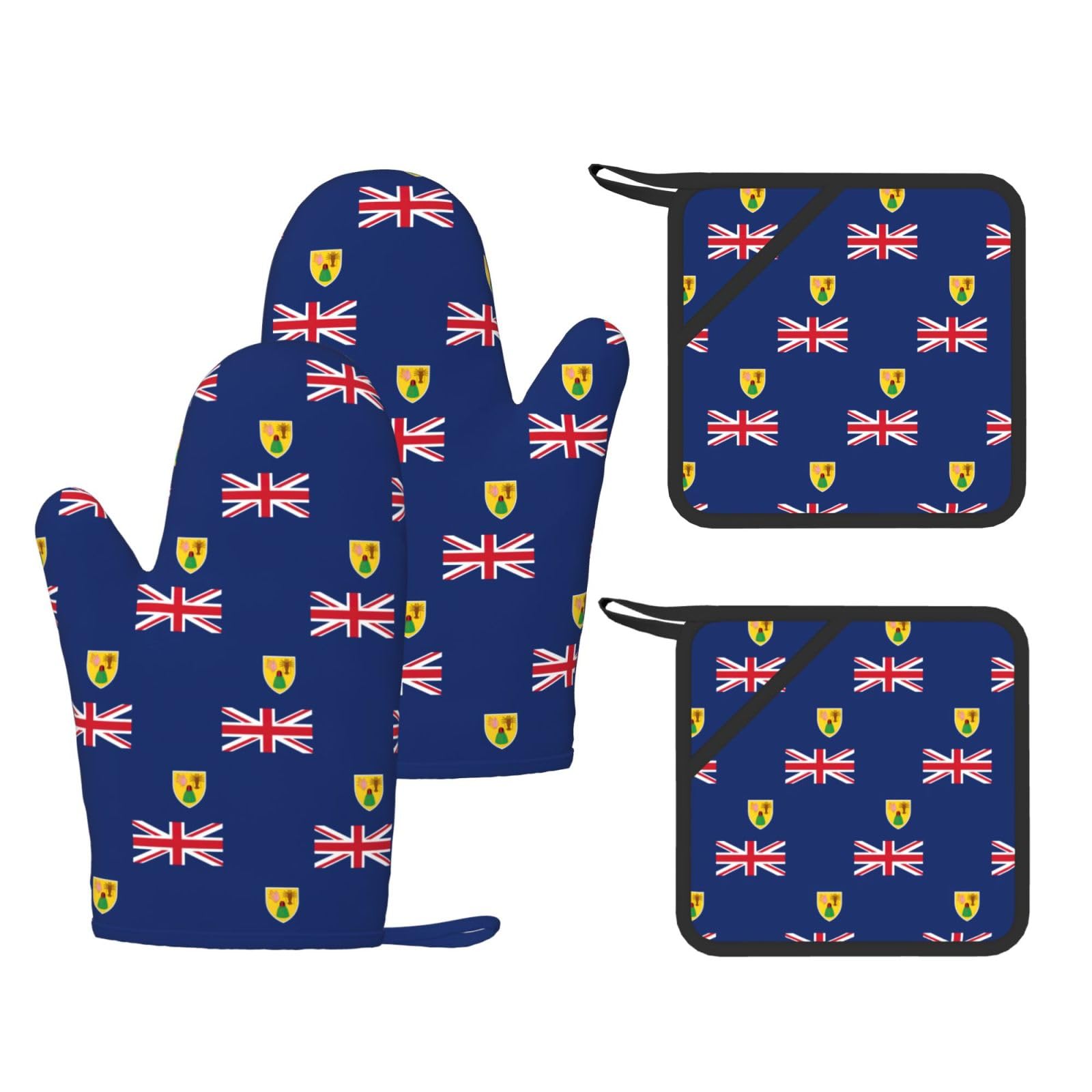 Flag of the Turks and Caicos Islands Printed Kitchen Oven Gloves and Potholder 4 Pcs, Non-Slip Heat Resistant Mitts for Baking Chef