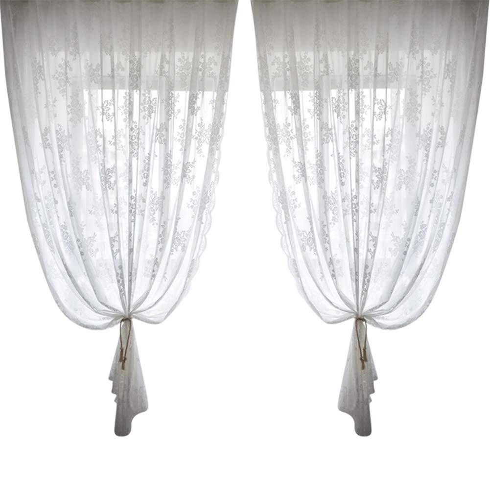 Cortina transparente de encaje blanco con diseño floral transpirable para salón