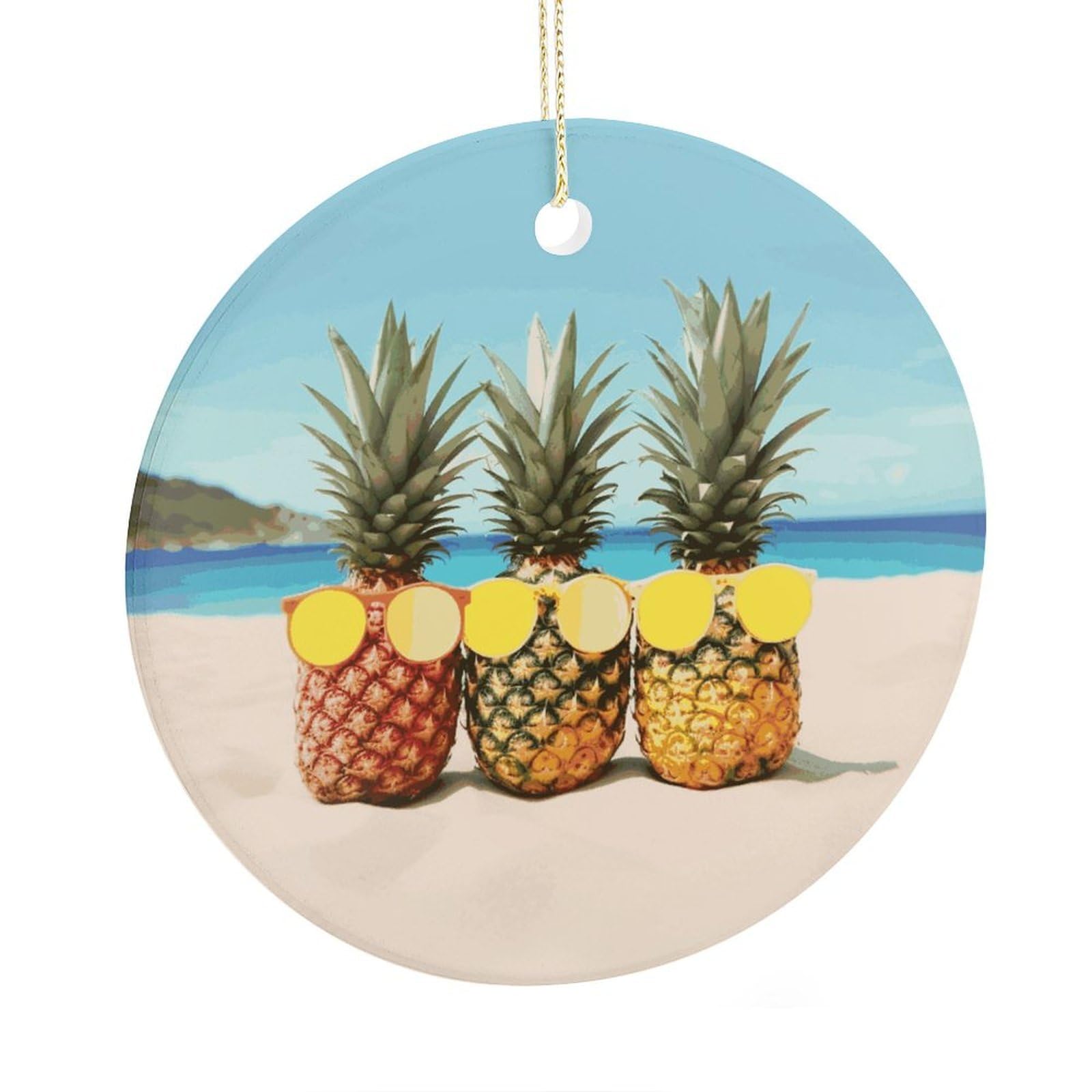Adfgyerh Style Seaside Beach Yellow Geometric Pineapple Ceramic Circular Pendant,2.9 Inch，Hanging Ornament，Gift Exchange Idea Round Ceramic Ornament,For Mom And Daughter，For Home Indoor Outdoor Decor.