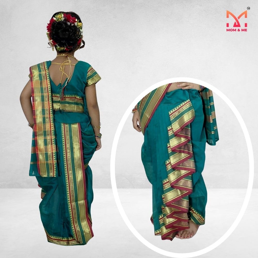 Mom and Me Girls' Ready-to-Wear Mastani Nauwari Saree with Stitched Blouse | Traditional Maharashtrian Ilkal Border | Soft Acrylic Cotton | Age 12 Months to 15 Years (Morpankhi, 4-5 Years) - Image 4 thumbnail