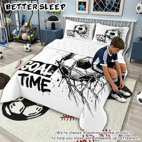 Image of Feelyou Soccer Comforter Set All Season Football Sports Bedding Set with 1 Pillow Cases Soccer Ball Game Microfiber Kids Toddler Bedclothes Bedroom Decor Duvet Quilt Breathable Soft Lightweight