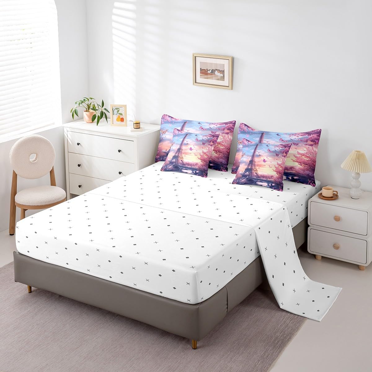 Feelyou Eiffel Tower Comforter Set with Sheets Queen Size Paris 7 Piece Bedding Set for Adult Boys Girls Teens Pink Flower and Butterfly Bed in a Bag Romantic Bed Set