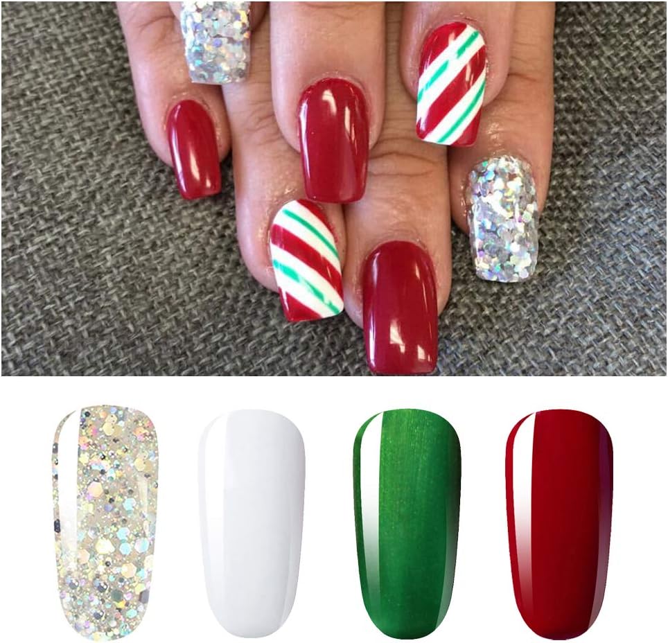 VishineSoak Off UV LED Christmas Collection Glitter Gel Nail Polish Color Set Of 4 Colors X 8ml Red White Green Sparkle Silver Nail Art Kit Set