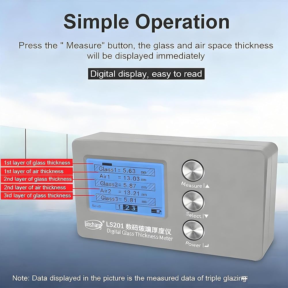 Medidor de Espesor de Vidrio Aislante y Laminado,Pantalla Digital LCD HD,Precisión ±0.1mm,Mide hasta 70mm de Vidrio y 45mm de Capa de Aire,Diseño Portátil con Caja de Almacenamiento