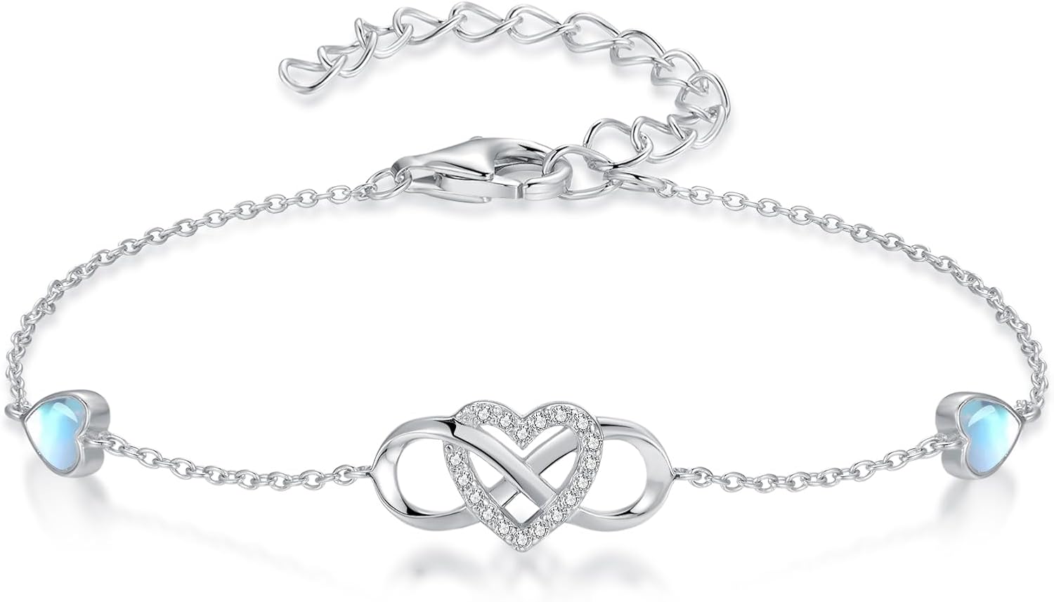 Real Sterling Silver Infinity Ankle Bracelet for Women White Gold Plated Classic Infinity Heart Jewelry Created Gemstone Moss Agate/Opal/Tquoise/Moonstone Bracelet Anniversary Birthday Gifts for Mom Wife Her, 7.5"-10.5" Extender