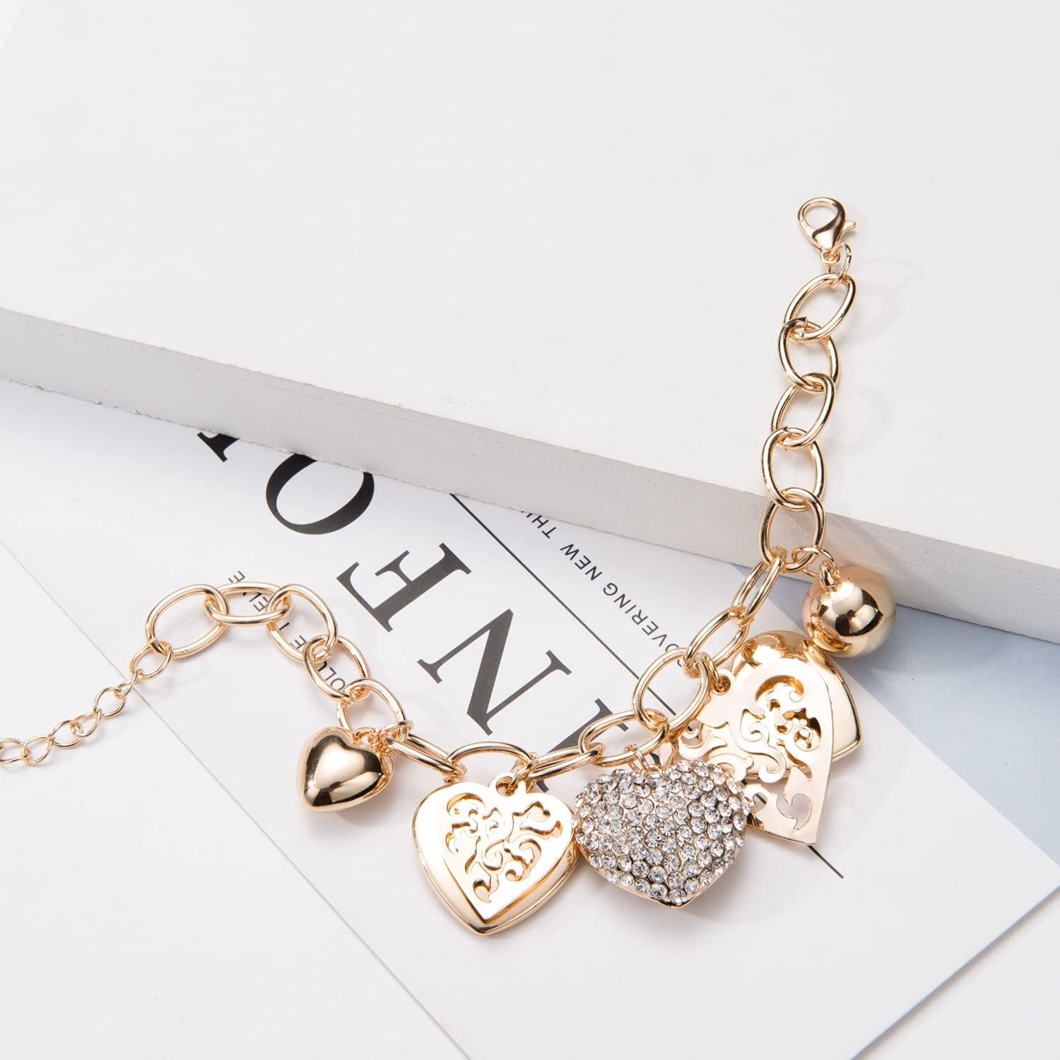 Gold Chain Link Bracelet - 7"+ 2"Extender 14K Gold Plated Love Locked Bracelets for Women and Girls, with Crystal, Love Heart ,Key, Lock, Charm Bracelet . (CRYSTAL HEART CHARM): Clothing, Shoes & Jewelry