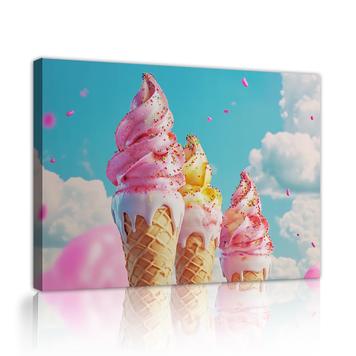 Via Vela Sweet Frozen Yogurt Wall Art Canvas Framed Rainbow Sprinkles Sundae Painting Pastel Sky Cloud Poster Cute Dessert Picture for Cafe Classroom Decor 40x60cm