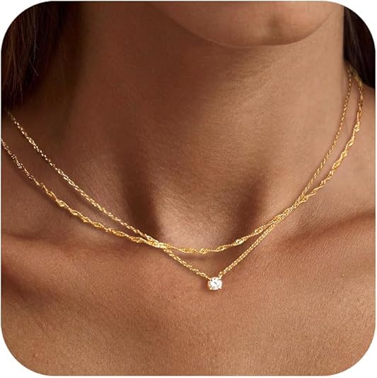 Tewiky Dainty 14k Gold Plated/Silver Cubic Zirconia Necklaces for Women, Simple CZ Jewelry Necklaces Trendy Gifts