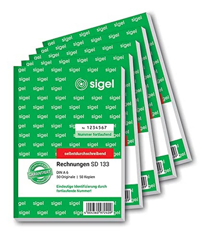 SIGEL SD133/5 Invoices Consecutively Numbered, Unique 7 Digit Number as Required by the Tax Office, A6, 2 x 50 Sheets, Self-Copying, Pack of 5, with Filing Punch, Invoice Pad