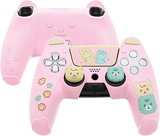 playvital Oso Funda de Silicona para ps5, Kawaii Funda para ps5 Mando Compatible con Estación de Carga, Protector para ps5 con Pegatina de Touch Pad & Tapas para Pulgares - Rosa & Amarillo