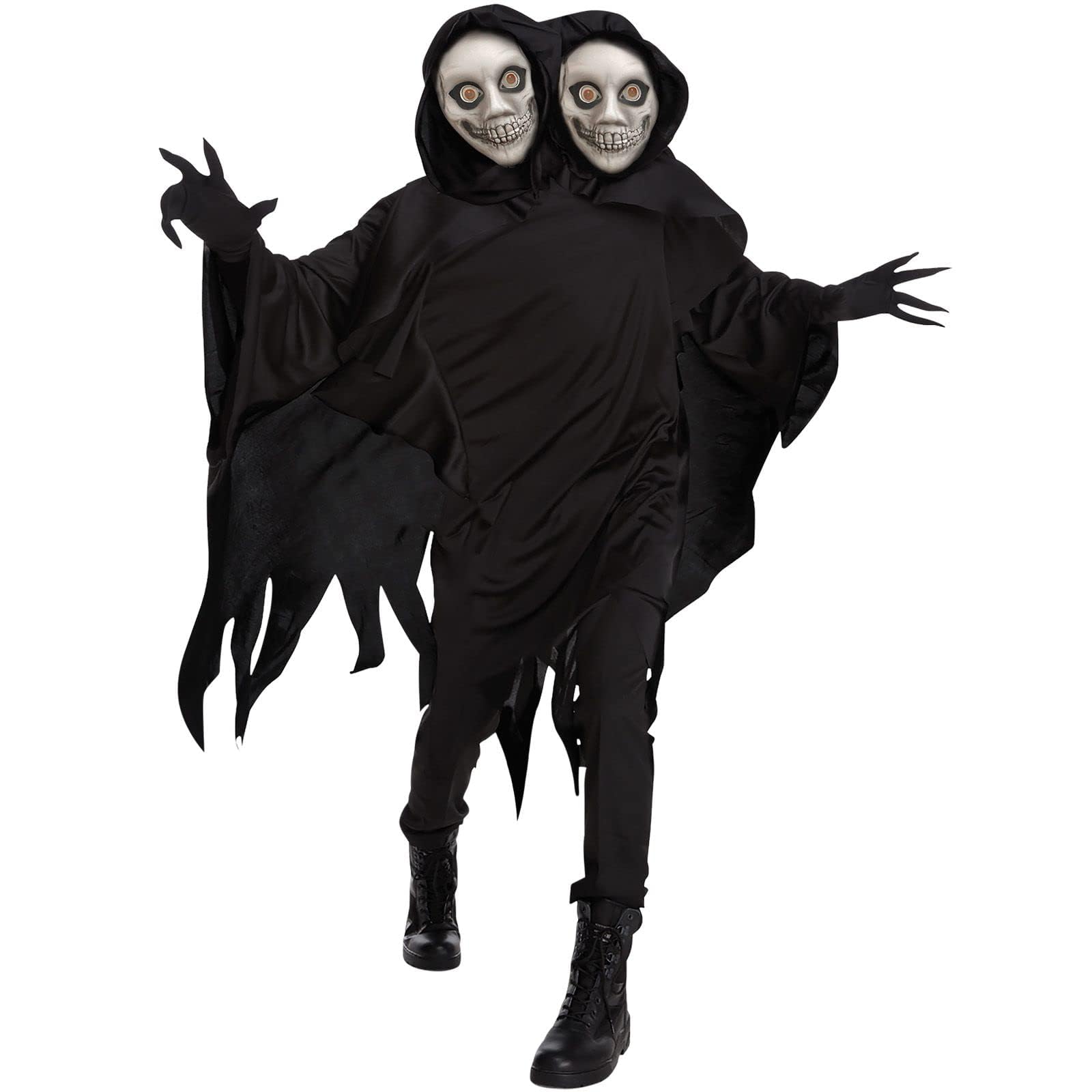 Morph Disfraz Muerte Dos Cabezas Hombre Halloween Túnica Negra Capucha Guantes Puntiagudos Máscara Terror
