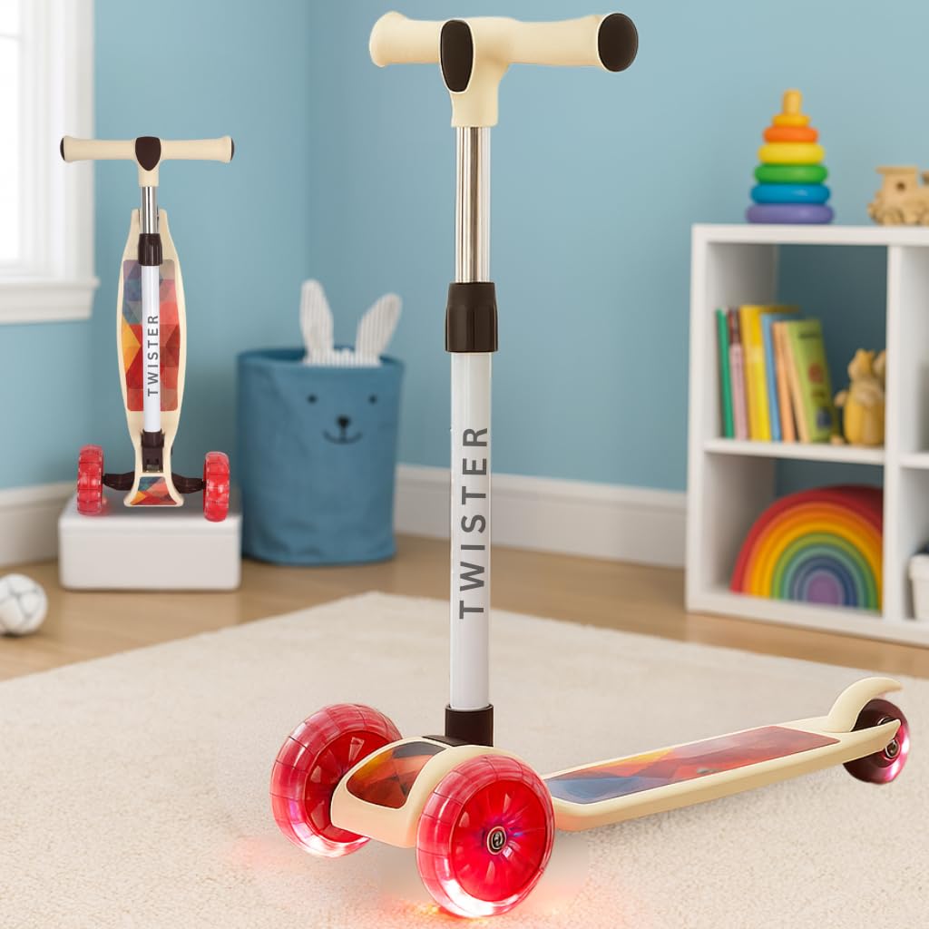 Storio Twister Foldable Kick Scooter for Kids with LED Light Wheels | Skating Cycle Style Scooter with Adjustable Handle & Foldable Design | Lightweight Ride-On Toy for Boys & Girls - Beige-image-43