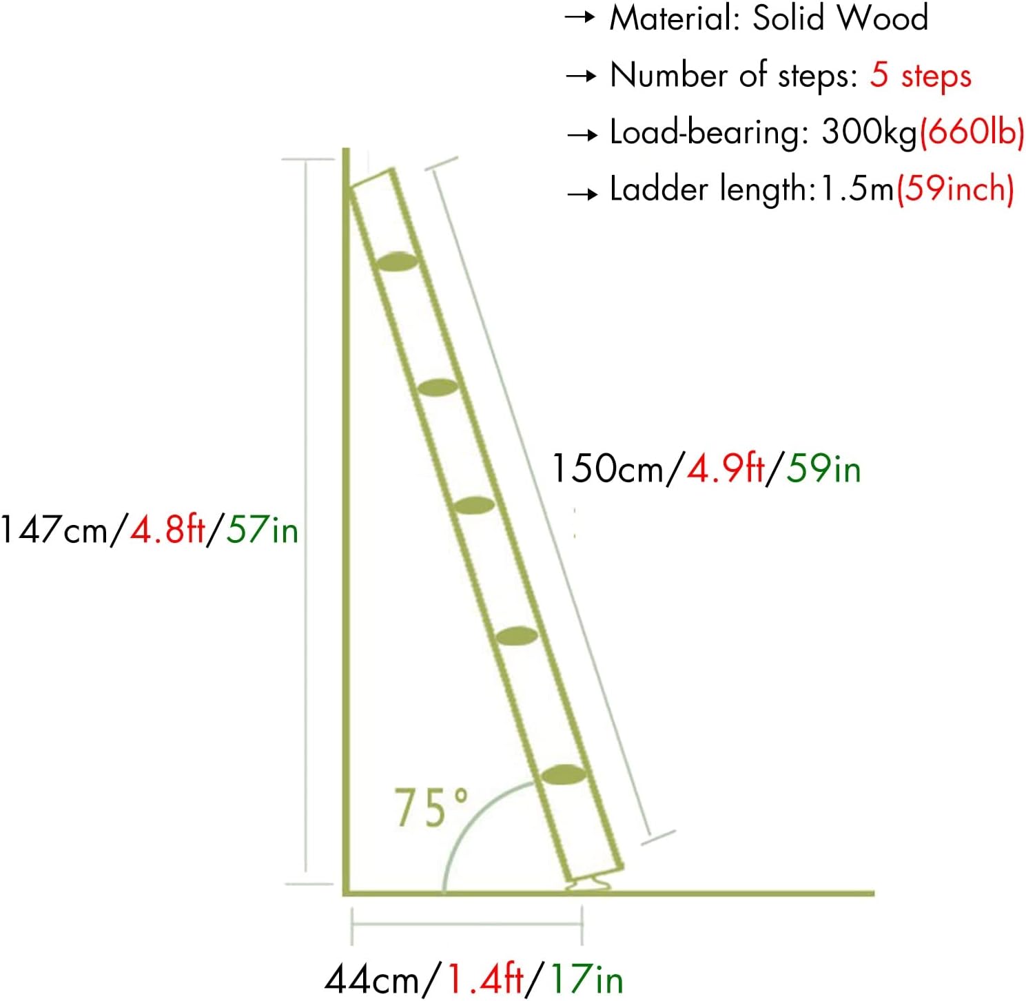 Replacement Bunk Ladder/Bunkbeds Ladder for Motorhome/Mid Sleeper/Children's Beds, Double Bed Wooden Ladder with Rubber Foot Pads & Brackets, Tall 225 200 175 150 125 100 Cm (Size : 150cm/4
