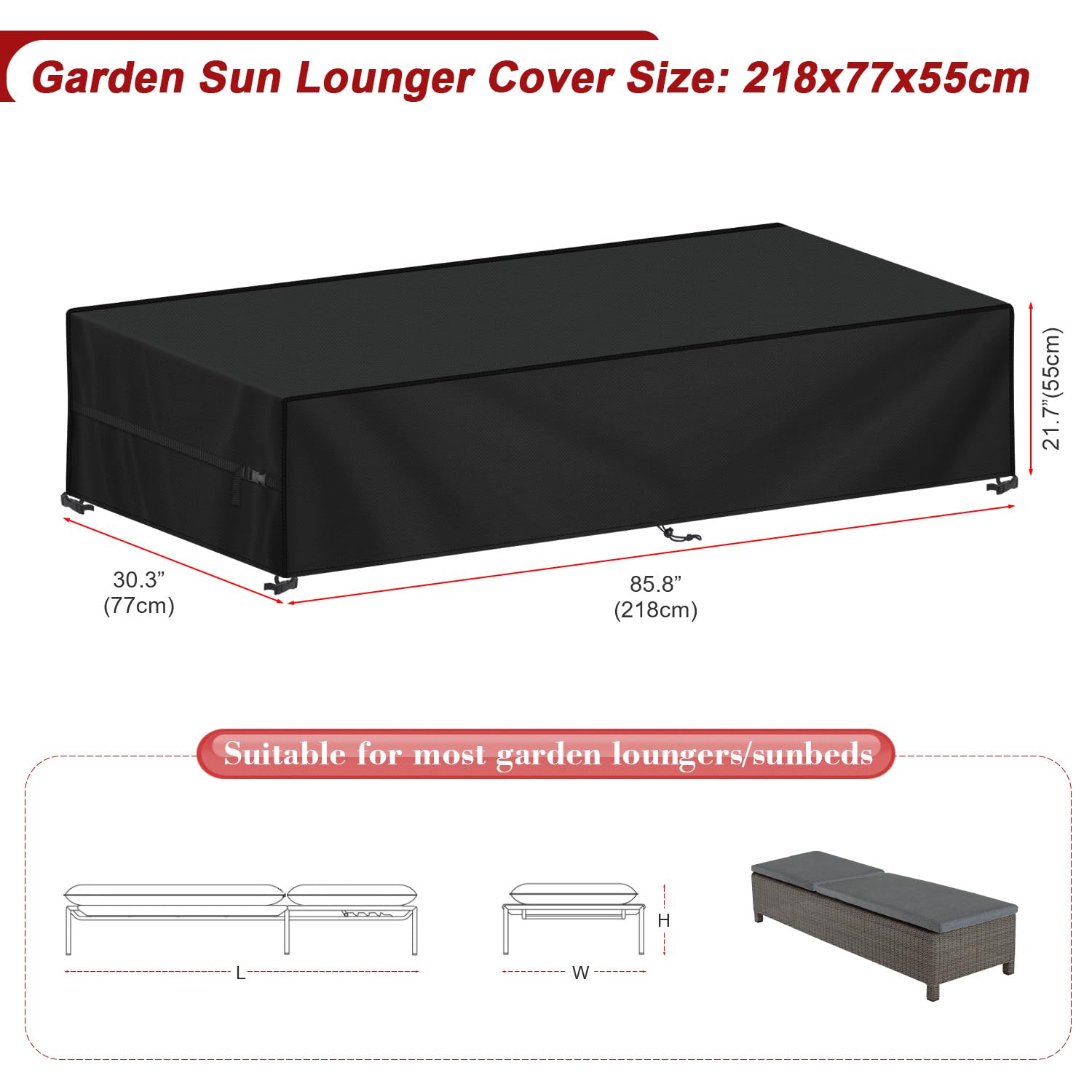 LAMUNI Copertura Sdraio da Esterno Telo Copri Lettino da Giardino, 420D Oxford Coperture per Lettini Prendisole da Giardino, Antivento, Anti-UV Copertura Impermeabile per Sdraio, 218x77x55cm