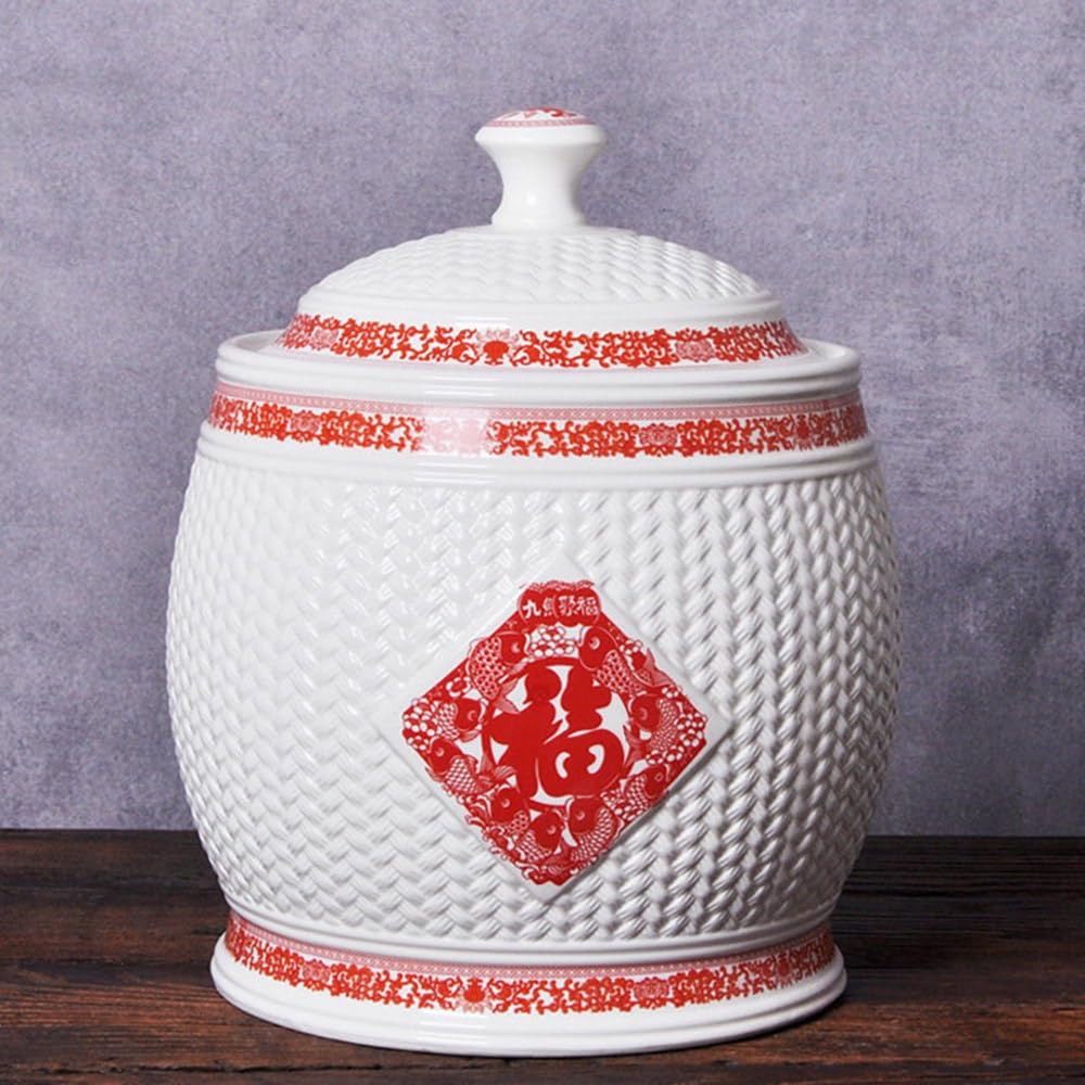 SXYHCK Chinese Sealed Ceramic Rice Pot Ceramic Rice Bucket With Lid, Grain Storage Container Porcelain Food Dispenser For Snacks Candy Coffee Beans(Style E,10kg/22lbs)