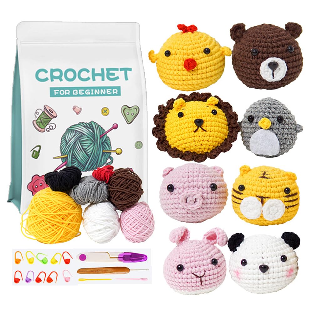 Crochet Kit for Beginners, 8 Pcs Knitting Needle Set, Crochet Animal Kit DIY Craft for Adults and Kids, Great Fantastic Birthday Gift for Crochet Lovers with Step-by-Step Video Tutorials