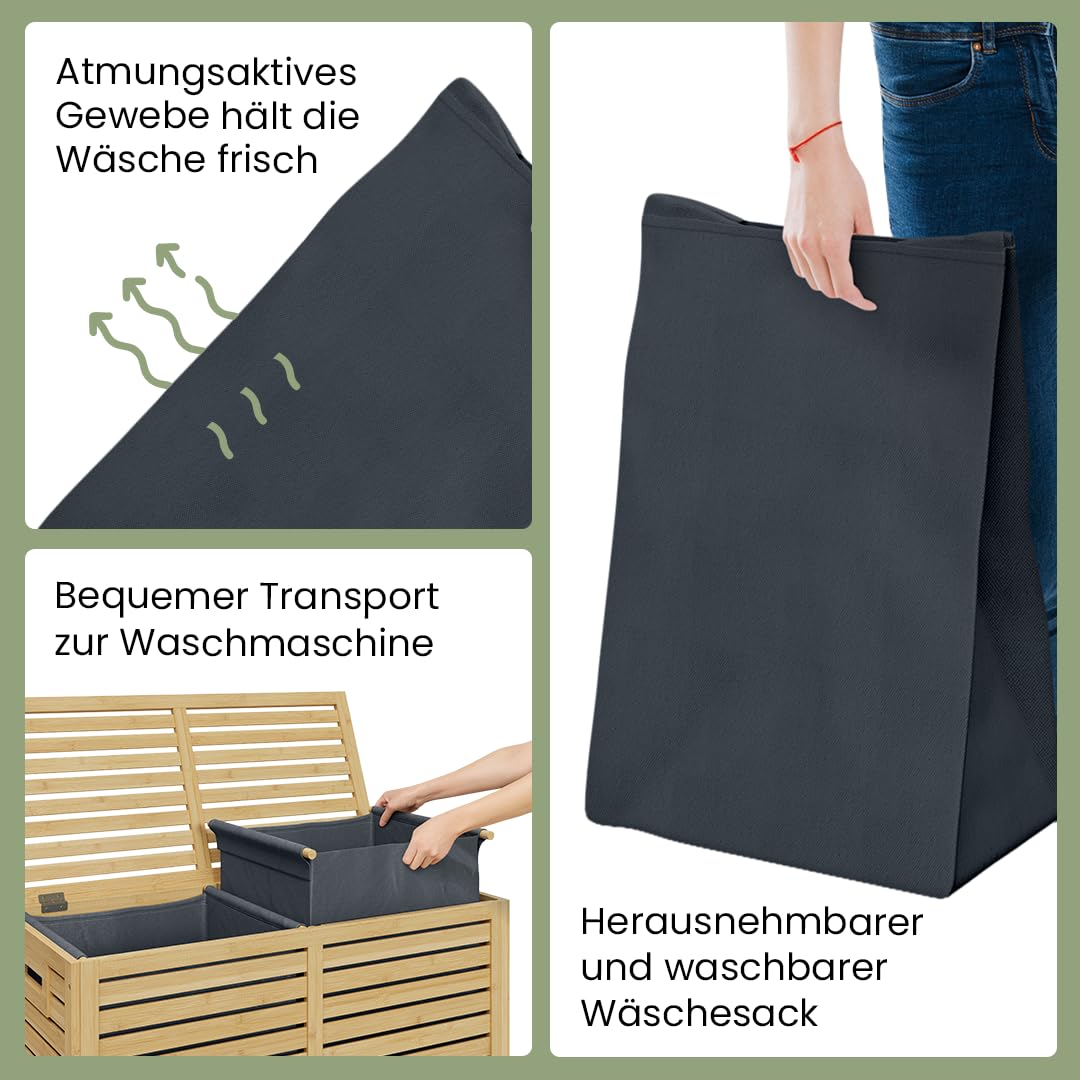 Bellamio Newa Wäschekorb aus Bambus – Wäschesammler mit 2 Fächern je 60 L – Wäschetonne mit Deckel – Wäschesack herausnehmbar & waschbar aus Oxford Gewebe – Wäschetruhe – Wäschebox 62x33x70 cm (HxTxB)