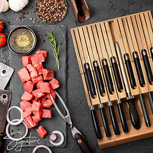 Signature Living Knife Drawer Organizer Insert For 16 Knives And Knife Sharpener (17” X 11.5” X 2”) In-Drawer Knife Block Without Knives, Easy And Safe Storage - Durable Natural Bamboo #TOP4