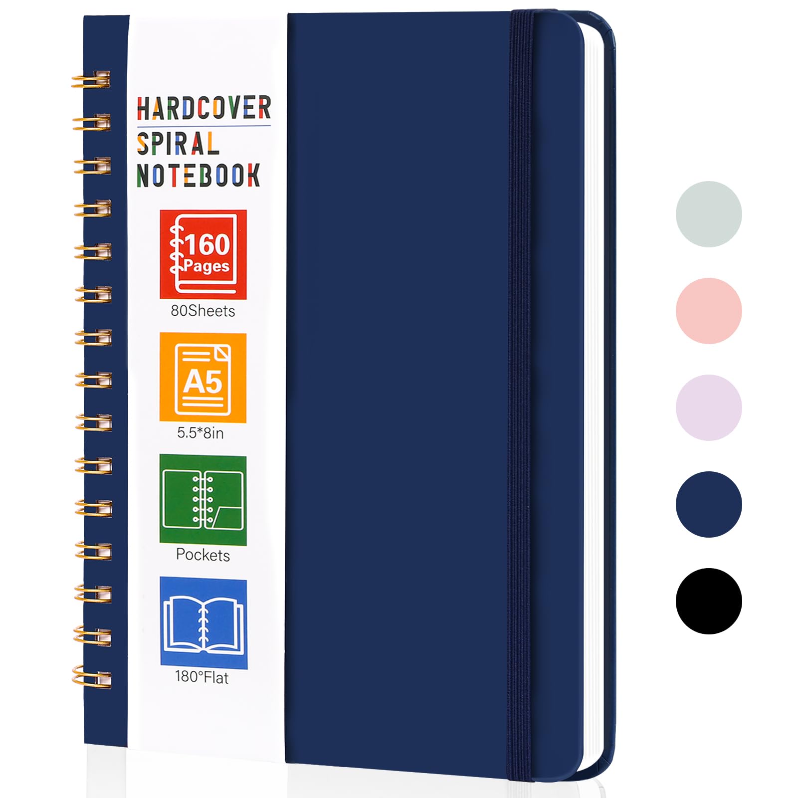 LABUK Spiral Notebook, 160 Pages A5 Lined Hardcover Notebook, 5.5 x 8in Spiral Journal for Women and Man, Work, Writing (Navy Blue)