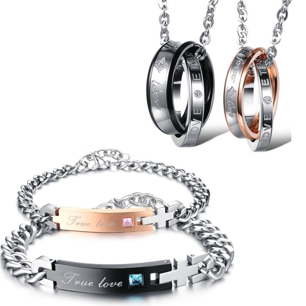 Kim Johanson Edelstahl Pärchen Schmuckset Armbänder & Ketten "Feelings" für verliebte Roségold & Schwarz mit Cubic Zirkonia inkl. Schmuckbeutel