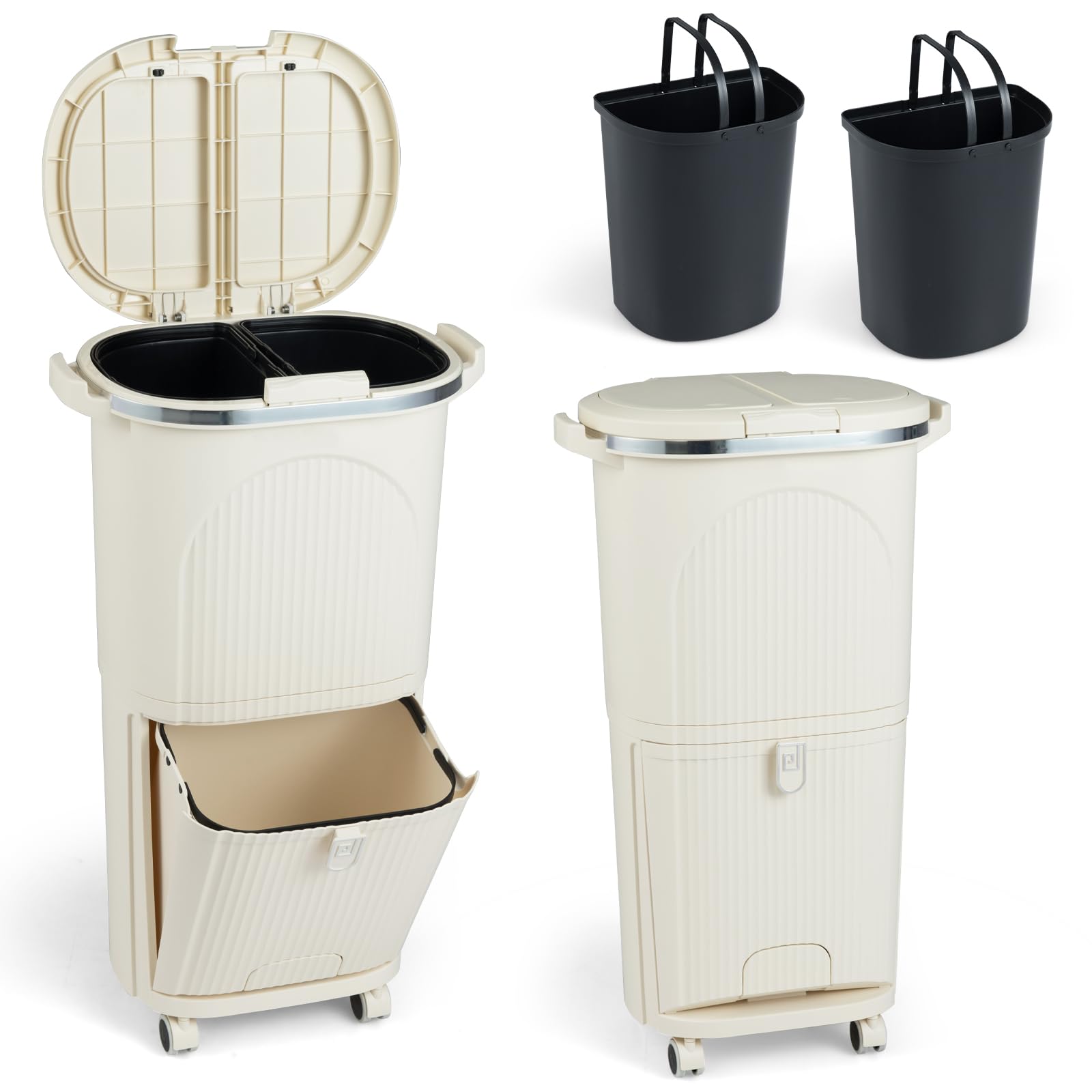 LIFEZEAL Cubo de Basura Reciclado de 38 L, de Plástico Beige, Diseño Vertical de 2 Capas con Pedal Oculto, Tapa a Presión, Ruedas con Frenos y Compartimentos para Clasificación de Residuos (Beige)