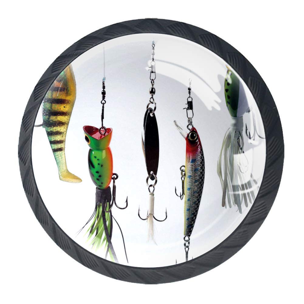 Fishing Drawer Knob Pull Handle, Various Type of Fishing Baits Hobby Leisure Passtime Sports Hooks Catch Elements 4 Pcs Cabinet Cupboard Knobs for 