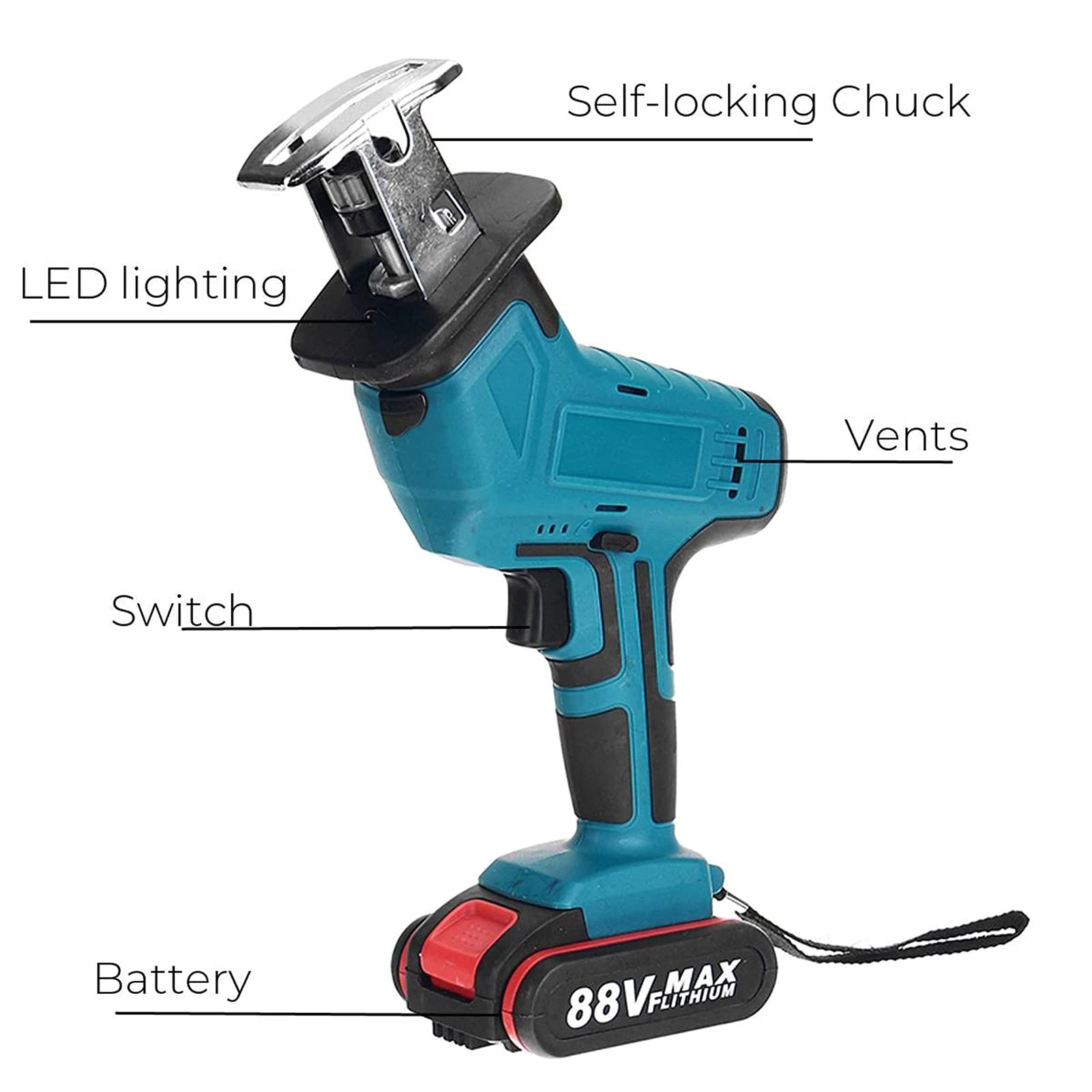 Scie Sabre Sans Fil Compatible Avec Makita 18V, Scie Egoîne Electrique Sans Fil Avec Verrou De Sécurité Et Lumière LED, 0-3000Spm, 4 Lames (Avec Batterie Et Chargeur De 1,5 Ah