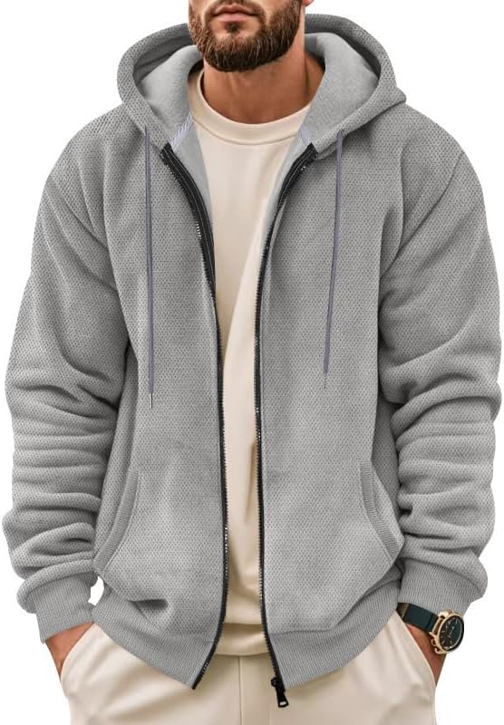 Men's Full-Zip Hoodie - Knit Adjustable Hood Jacket with Pockets Warm Fall Winter Pullover for Daily Wear - Image 3