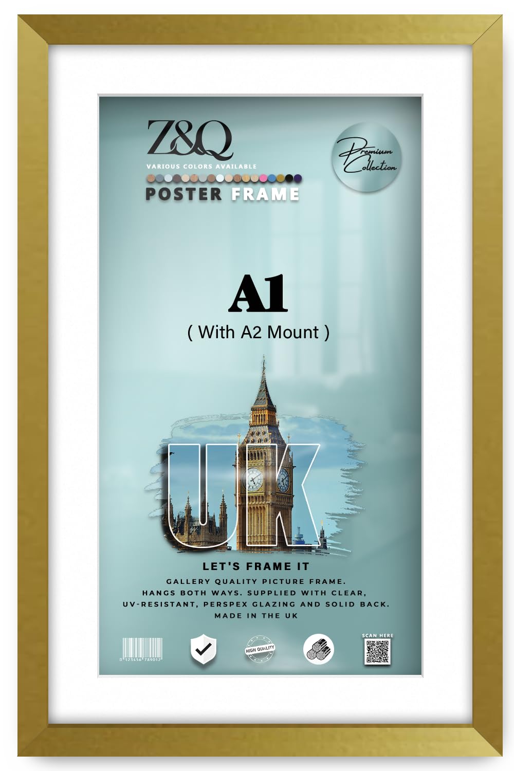 Z&Q - Flat MDF Wood Finish A1 (59.40 x 84.10 cm) Picture Frame with A2-(41.90 x 59.40 cm) White Mount Portrait/Landscape Display 33 x 23 Inch Perfect for Room Interior [ Gold ]