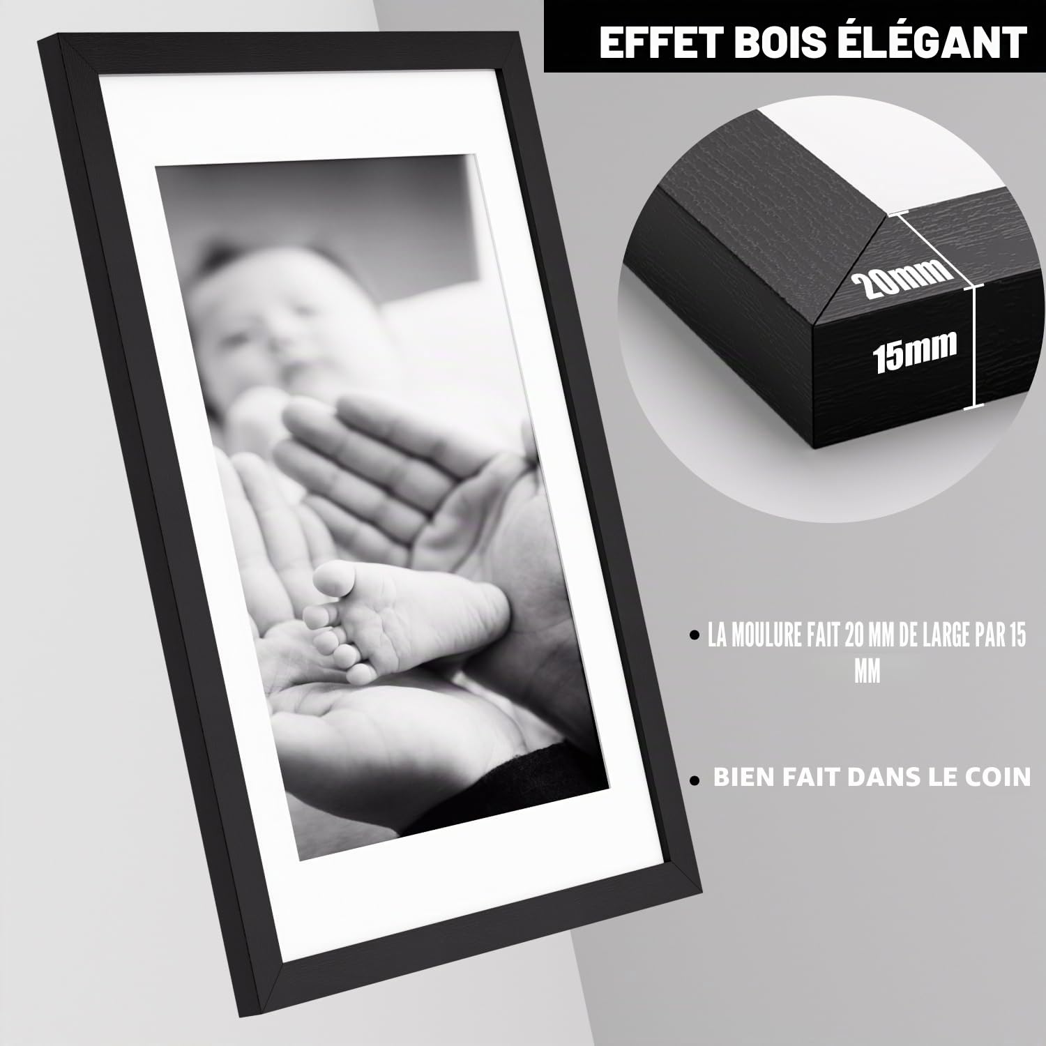 Lot de 2 cadres photo 40 x 60 cm avec passe-partout A3, cadre photo noir avec façade en plexiglas sûr