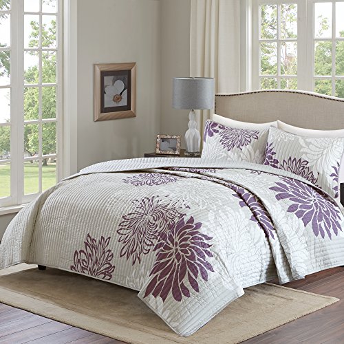 Comfort Spaces Cs14-0066 Enya 3 Piece Quilt Coverlet Bedspread Ultra Soft Floral Printed Pattern Bedding Set, King, Purple-Grey #TOP2
