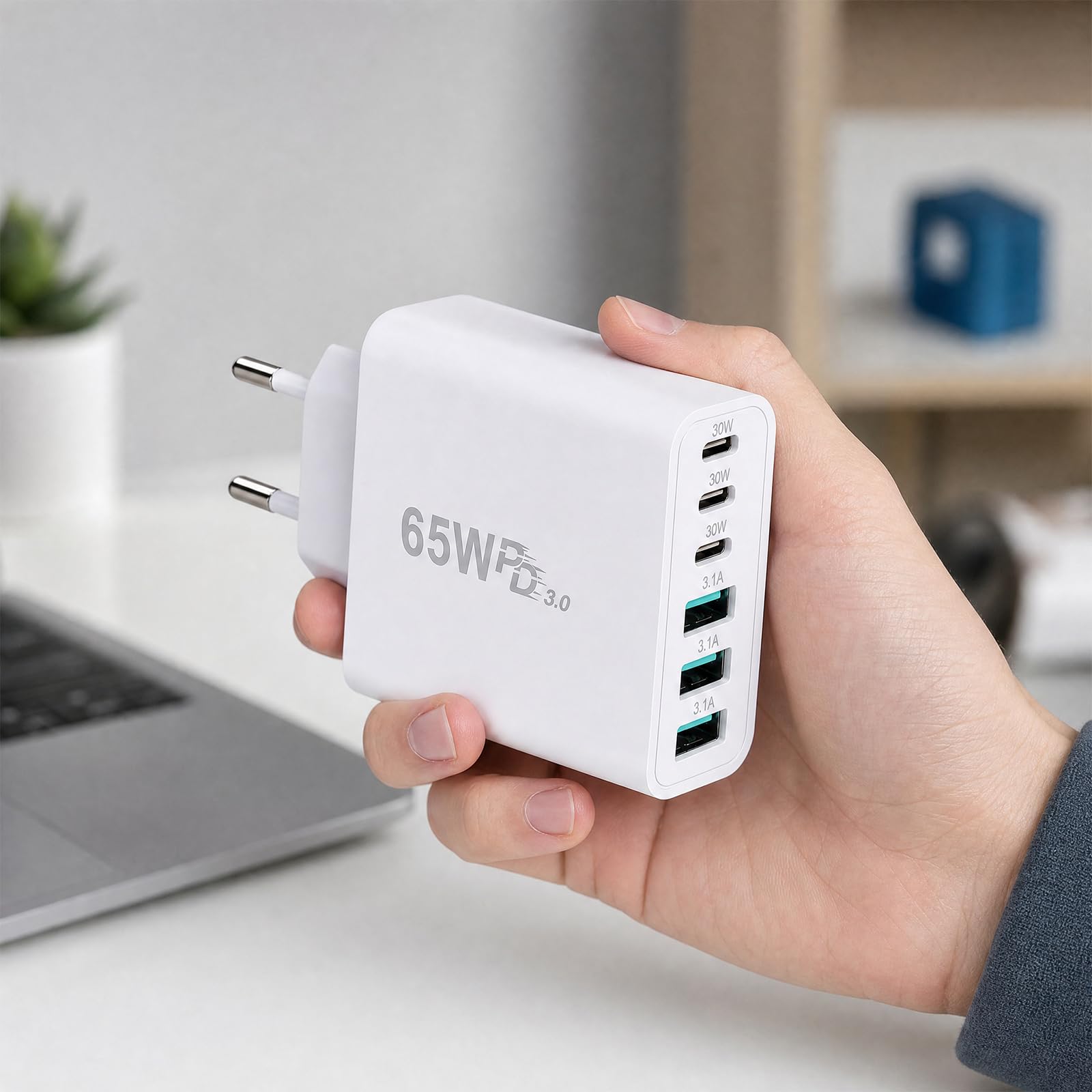 TNSLAND ładowarka USB C 65W, wieloportowe ładowarka USB 6 portów, ładowarka USB C szybka, wielokrotne gniazdo USB C z systemem ochronnym, adapter ładowania do iPhone, Samsung, tablet, laptop, biały