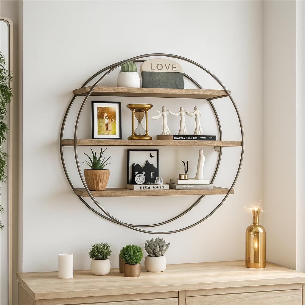 Rafaelo Mobilia Round Floating Shelf, Wall Mounted Shelves For Wall, Shelving Unit For Wall, Kitchen Shelves, Rustic Industrial Decor