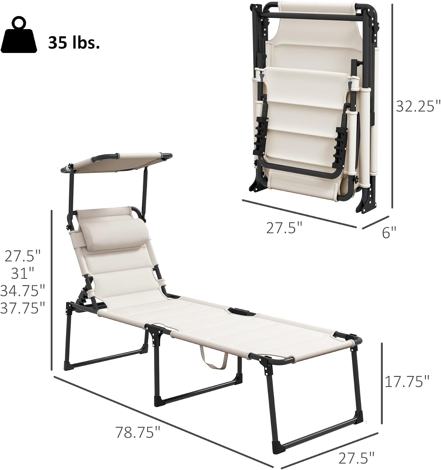 Outsunny 2 Pieces Outdoor Lounge Chair, Adjustable Backrest Folding Chaise Lounge, Cushioned Tanning Chair with Sunshade Roof & Pillow Headrest for Beach, Camping, Hiking, Cream White