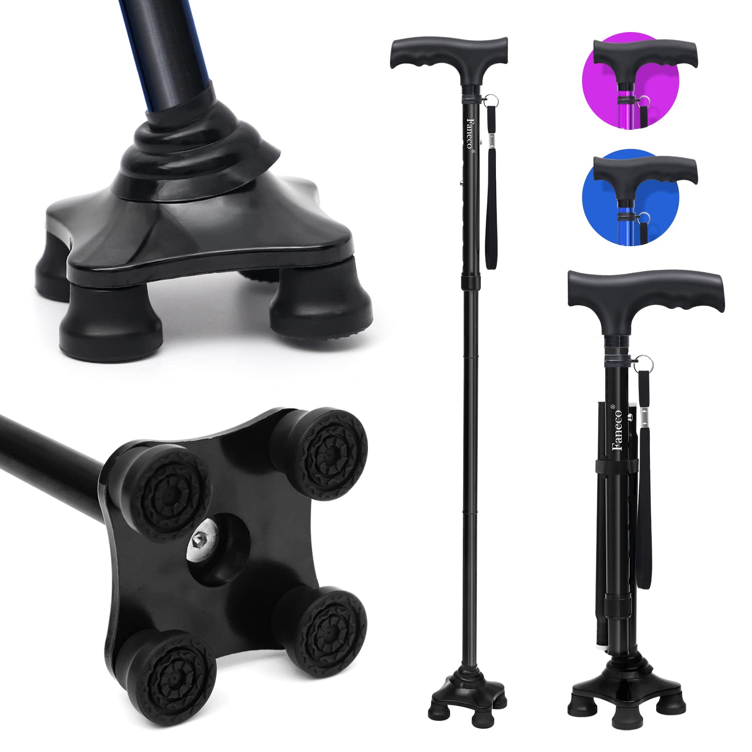 FANECO Walking Cane, Folding Walking Stick for Seniors, Pivoting Quad Base, Lightweight Adjustable Walking Stick for Men/Women