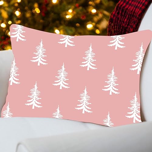 Miniatura 5 de ADFLOOD Fundas de almohada de Navidad de 12 x 20 pulgadas, decoración de árboles de Navidad, decoración de fiestas, funda de cojín rosa para el
