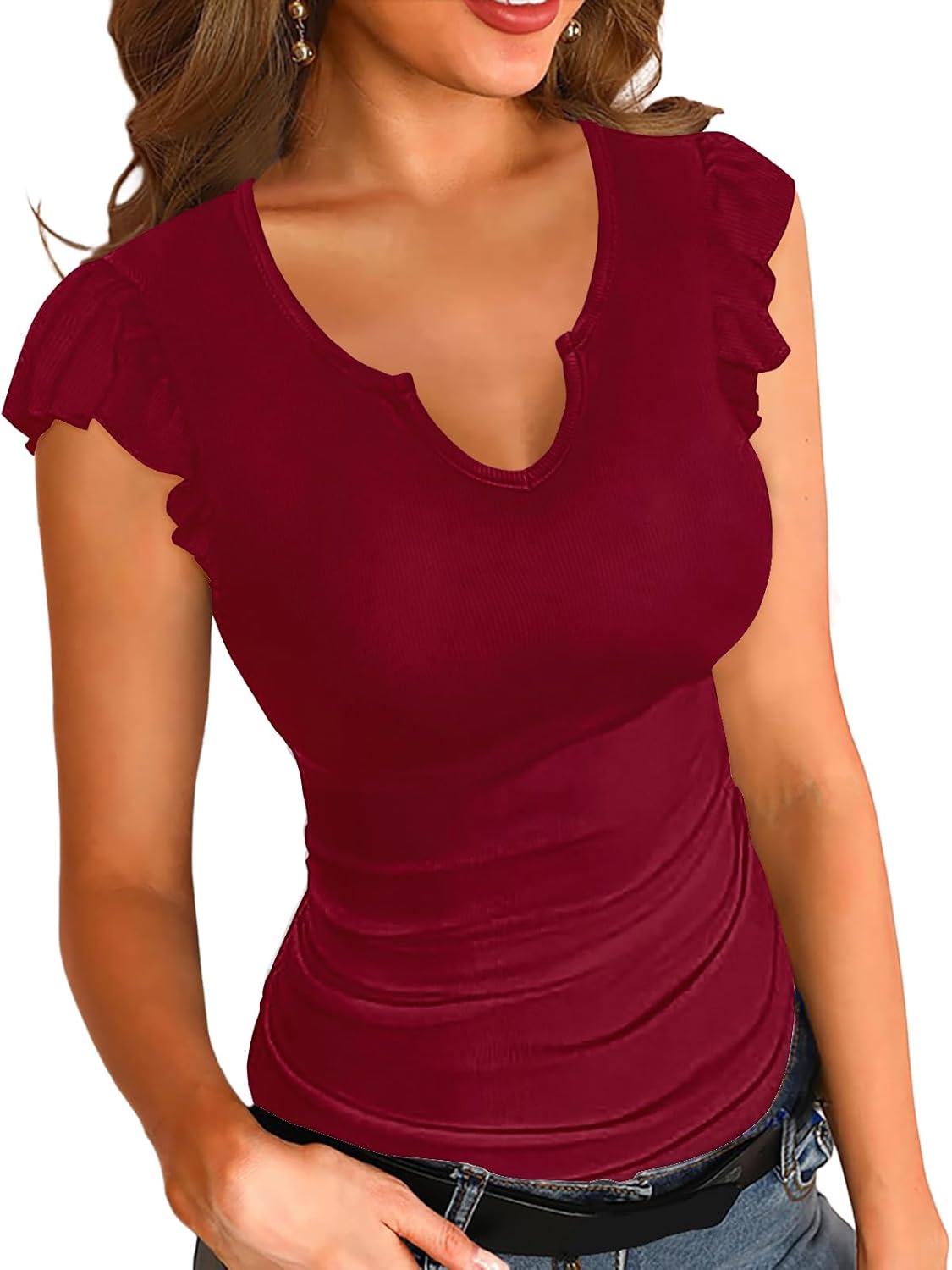 Necooer Womens Fashion Summer Tops Ruffle Sleeve Knit Ribbed Stretch Slim Fitted Shirts V Neck Blouse for Women