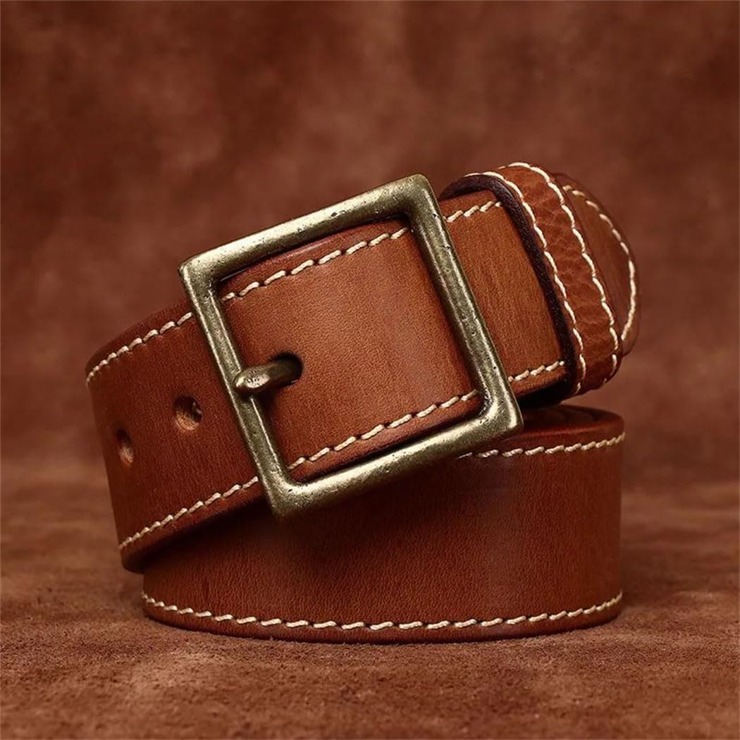 Men's Wide Leather Belt - 4.2 cm Solid Cowhide with Copper Pin Buckle