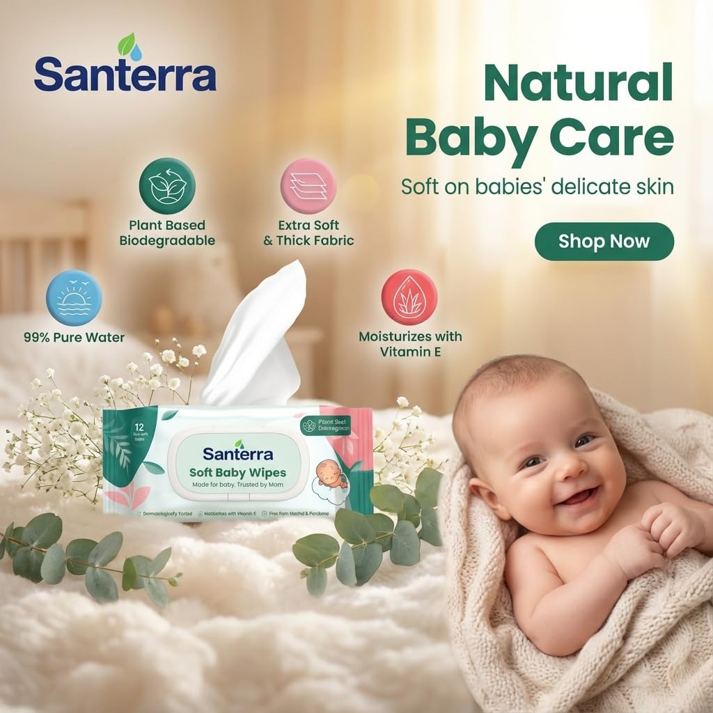 Soft Baby Wipes with 99% Pure Water & Vitamin E, Pack of 4 (288 Wipes), Dermatologically Tested, Eco Safe Formula, Extra Moisturiser for Newborns & Infants, Alcohol-Free, Paraben-Free