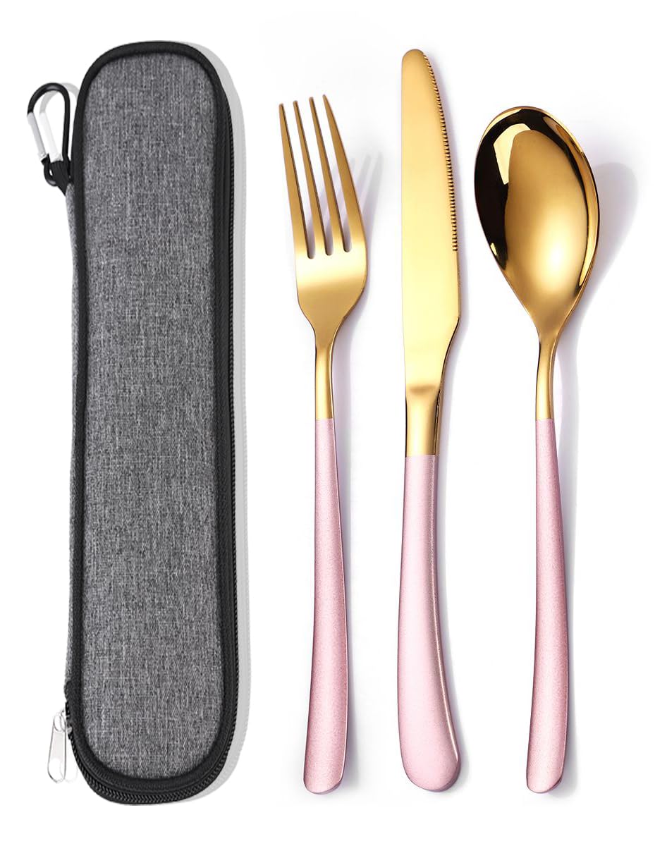 MURRI&MURRDI Travel Stainless Steel Cutlery Set for 1, Reusable Flatware Set with Case, Camping Silverware Set for Work, Knife Fork Spoon Utensil Set
