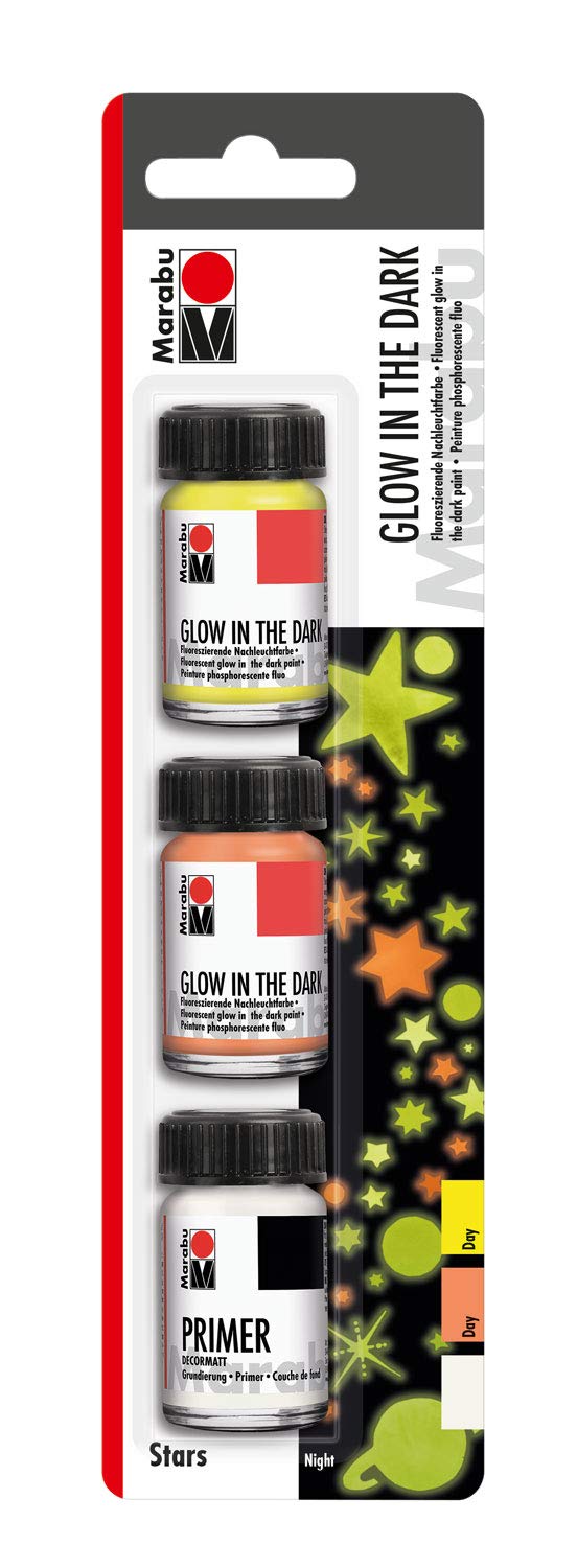 Marabu Fluorescent Glow in The Dark Set Stars 3 x 15 ml, Water-Based, Smudge-Proof and Partially Lightfast, for Brushing, Spatulating and Stenciling, Multicoloured