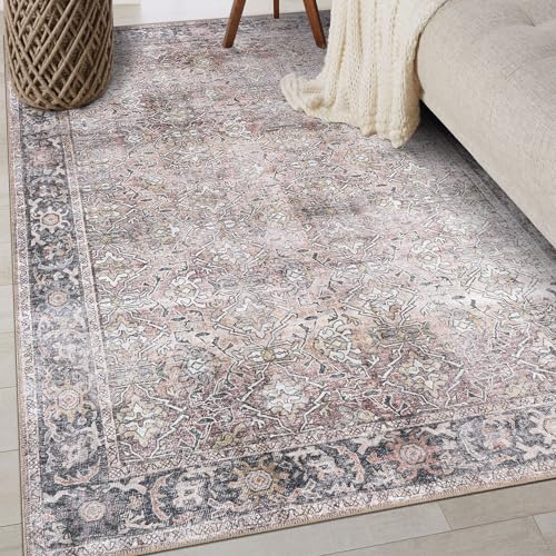 Rugshop Olive/Gray Vintage Distressed Area Rug — Machine Washable, 3'3"x5 for Living Room, Bedroom and Home Office