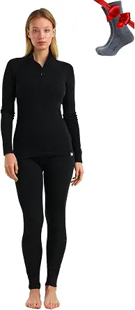 100% Merino Wool Base Layer Women - Quarter Zip Thermal Underwear Set
